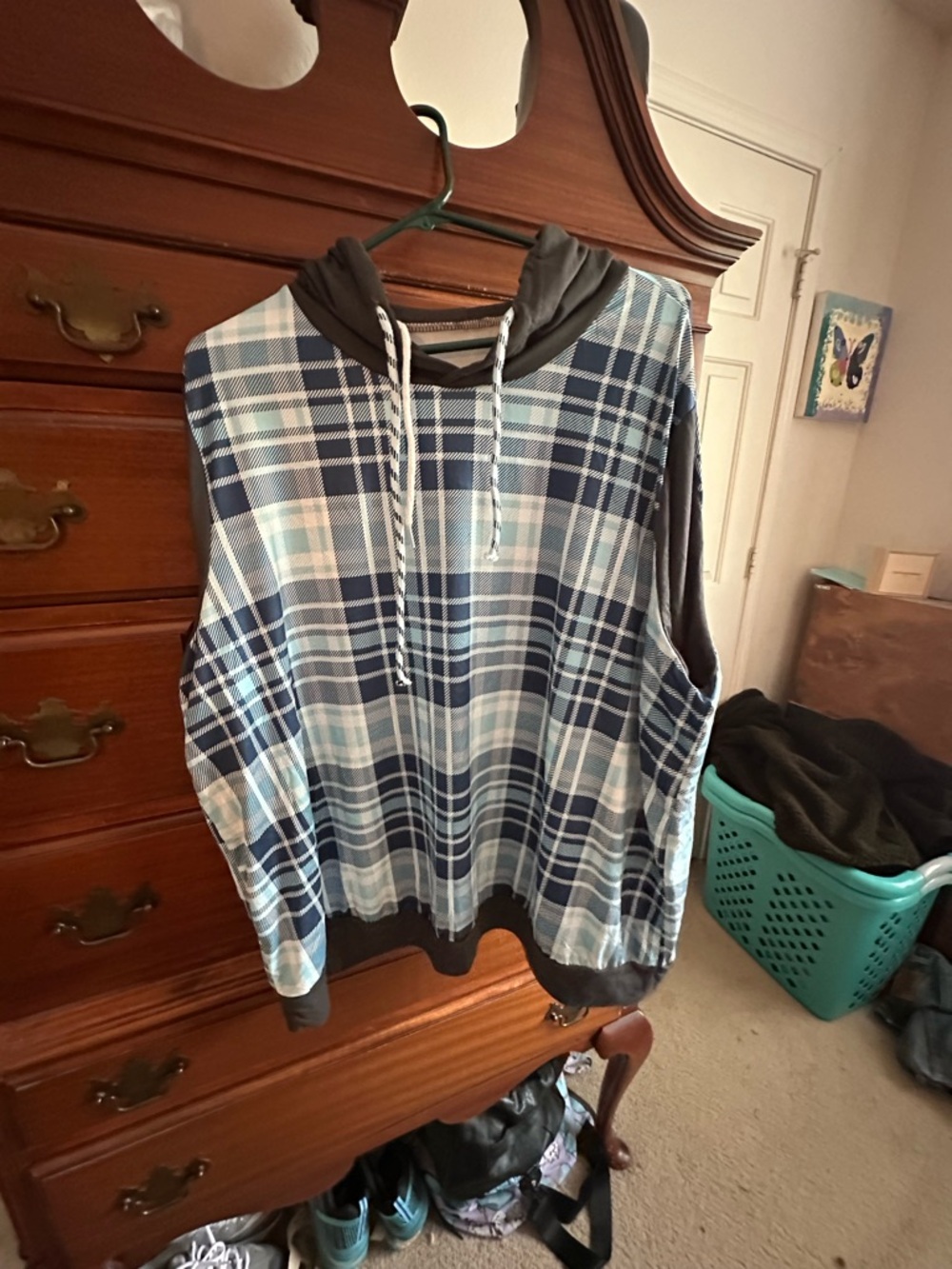 Plaid Hooded Pullover - Blue & White